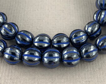 Jet Black fluted pressed Czech glass melon beads, blue wash, grooved beads - 8mm - 15 pcs - RD138-b81
