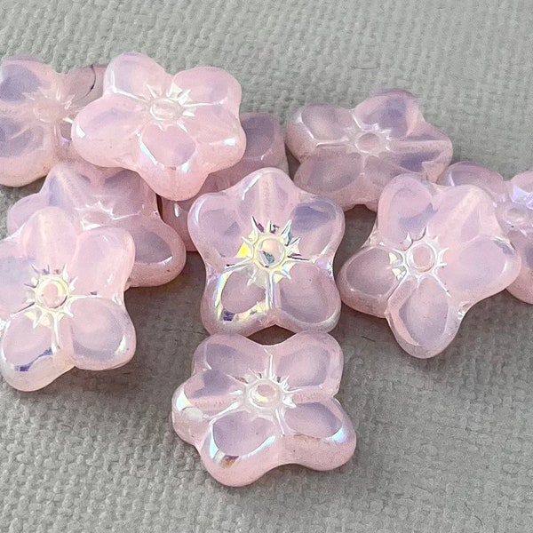 Opal Pink Czech glass flower beads, puffy flowers, 5 petal pansy, aurora borealis, opaline - 14mm x 12mm - 10pcs - FB1314-b081