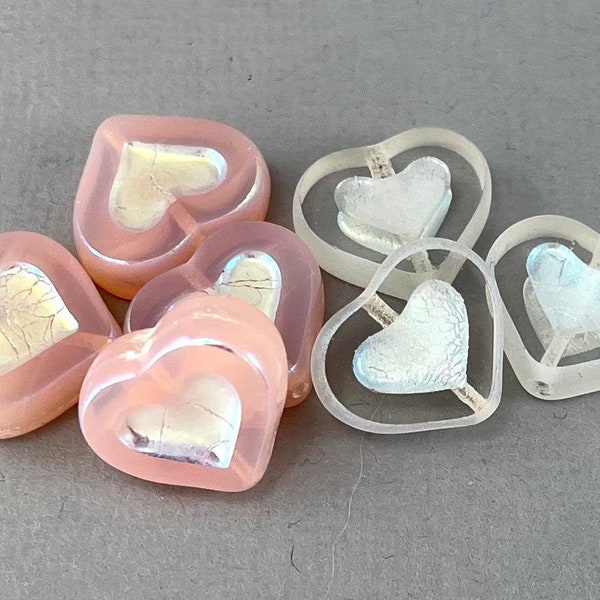 Opal Pink or Crystal Clear pressed, table cut Czech glass heart beads, aurora borealis finish - 6 or 12 pcs - 12mm x 14mm - MG164-b322