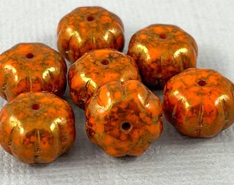 Orange fluted, pressed Czech glass melon, pumpkin beads, brown picasso, gold luster, grooved - 11mm x 8mm - 10, 20 or 40 pcs - RD329-b367