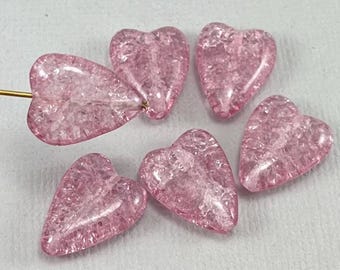 Crackle Lilac Purple Czech glass heart beads, puffy heart, transparent glass, elongated heart beads - 17mm by 13mm - 6 pcs -MG1191-b201