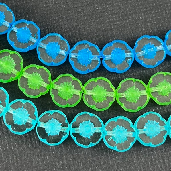 Crystal Clear hibiscus, Czech glass table cut flower beads, kelly green, teal, royal blue lava wash, cherry - 8mm - 12pcs - FB2125-b332