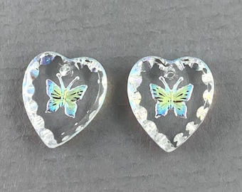 Small, crystal clear, aurora borealis butterfly, intaglio buff glass heart pendant pair, charms, top drilled - 12mm x 11mm - 2pc - MG475