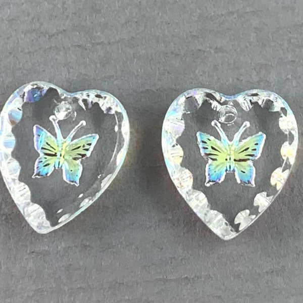 Small, crystal clear, aurora borealis butterfly, intaglio buff glass heart pendant pair, charms, top drilled - 12mm x 11mm - 2pc - MG475