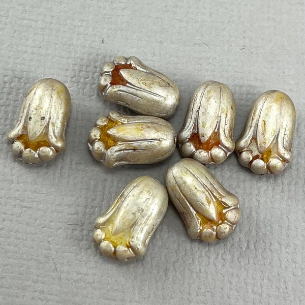 Stone Beige Czech glass tulip flower beads, puffy flowers, caramel wash, lily beads, silvery luster - 12mm x 8mm - 12 or 24pcs - FB1530-b256