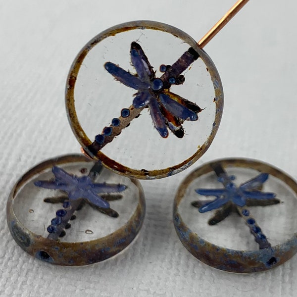 Dragonfly Coin beads, Rustic, caramel purple picasso, clear Czech glass, insect beads, nature beads, table cut - 17mm - 4 pcs - AB574-b037