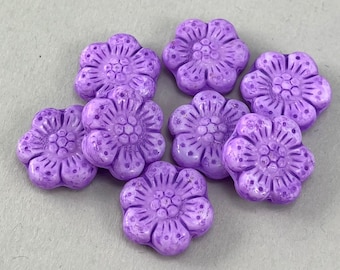 Lilac Purple Czech glass wild rose flower beads, matte finish, boho flower beads - 14mm - 6 or 12 pcs - FB1394-b063