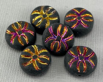 Spider, matte black Czech glass coin beads, gold pink metallic rainbow wash, insect, pressed - 13mm - 6 or 12 pcs - AB639-b210