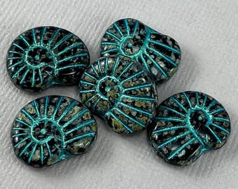 Jet Black nautilus shell Czech glass beads, teal blue wash, stone gray picasso - 17mm x 13mm - 6 or 12 pcs - AB702-b367