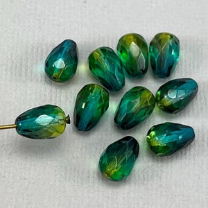 Teal Blue, Green, Yellow faceted fire polished Czech glass teardrop beads, pear shaped - 10 pcs - 10mm x 7mm - MG1171-b063