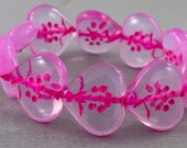 Delicate Transparent Pink tinted pressed Czech glass puffy heart beads, hot pink wash detail, flower, daisy - 18mm - 4pcs - MG037-b195