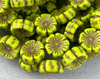 Matte Avocado Green Czech hibiscus glass flower beads, chartreuse, bronze detail, pressed beads - 14mm - 12 pcs - FB793-b232