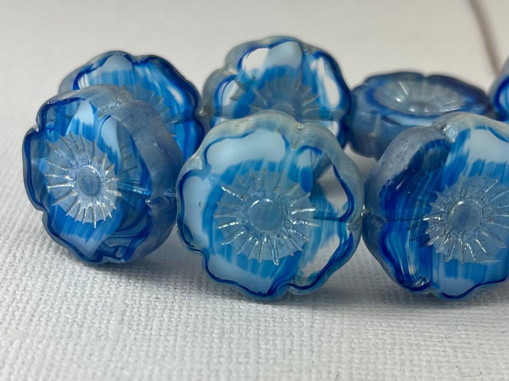 Variegated Czech Blue, Clear & White Table Cut Hibiscus Variegated Czech Blue, Clear & White Table Cut Hibiscus