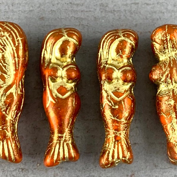 Orange Mermaid, pressed, Czech glass beads, gold wash, pendant, sea life, ocean, fantasy - 25mm x 5mm - 2pcs - MG793-b194