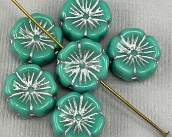 Hibiscus beads, Czech glass flower, sage green, silver wash, pressed Hawaii flower beads - 14mm - 6 or 12 pcs - FB1763-b168