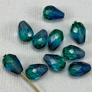 Deep Ocean Blue & Teal Green faceted fire polished Czech glass teardrop beads - 10 pcs - 10mm - MG1170-b400