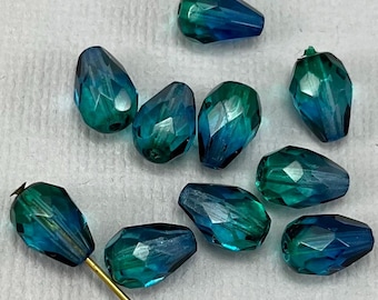 Deep Ocean Blue & Teal Green faceted fire polished Czech glass teardrop beads, pear shaped - 10 pcs - 10mm - MG1170-b400