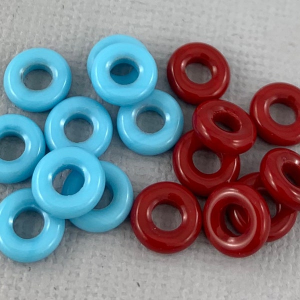 Cherry Red or Turquoise Blue Czech glass donut shaped beads, ring, circle, o beads- 8mm - 12 or 24 pcs - GEO331-b118