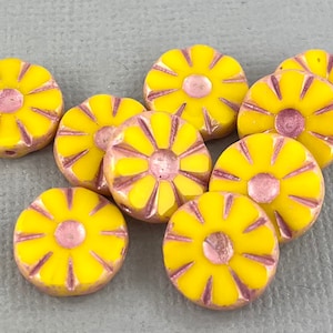 Sunflower glass beads, Yellow pressed, table cut Czech flower beads, picasso brown or pink metallic - 13mm - 10 pcs - FB1128-b209