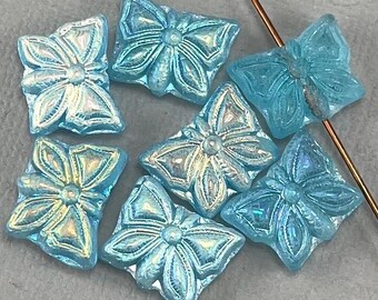 Frosted Aqua Blue Czech glass butterfly beads, aurora borealis - 15mm x 12mm - 6 or 12 pcs - AB663-b324