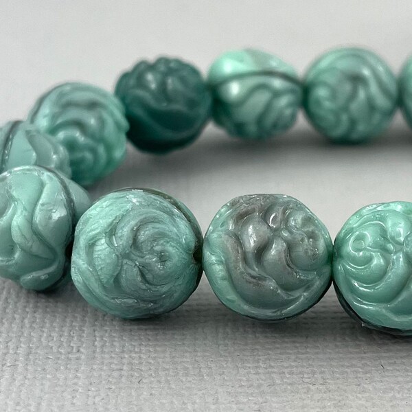 Variegated Mint Green, Teal, Black & Gray pressed Czech glass rose bead, round - 13mm - 6 or 12 pcs - FB1216-b300