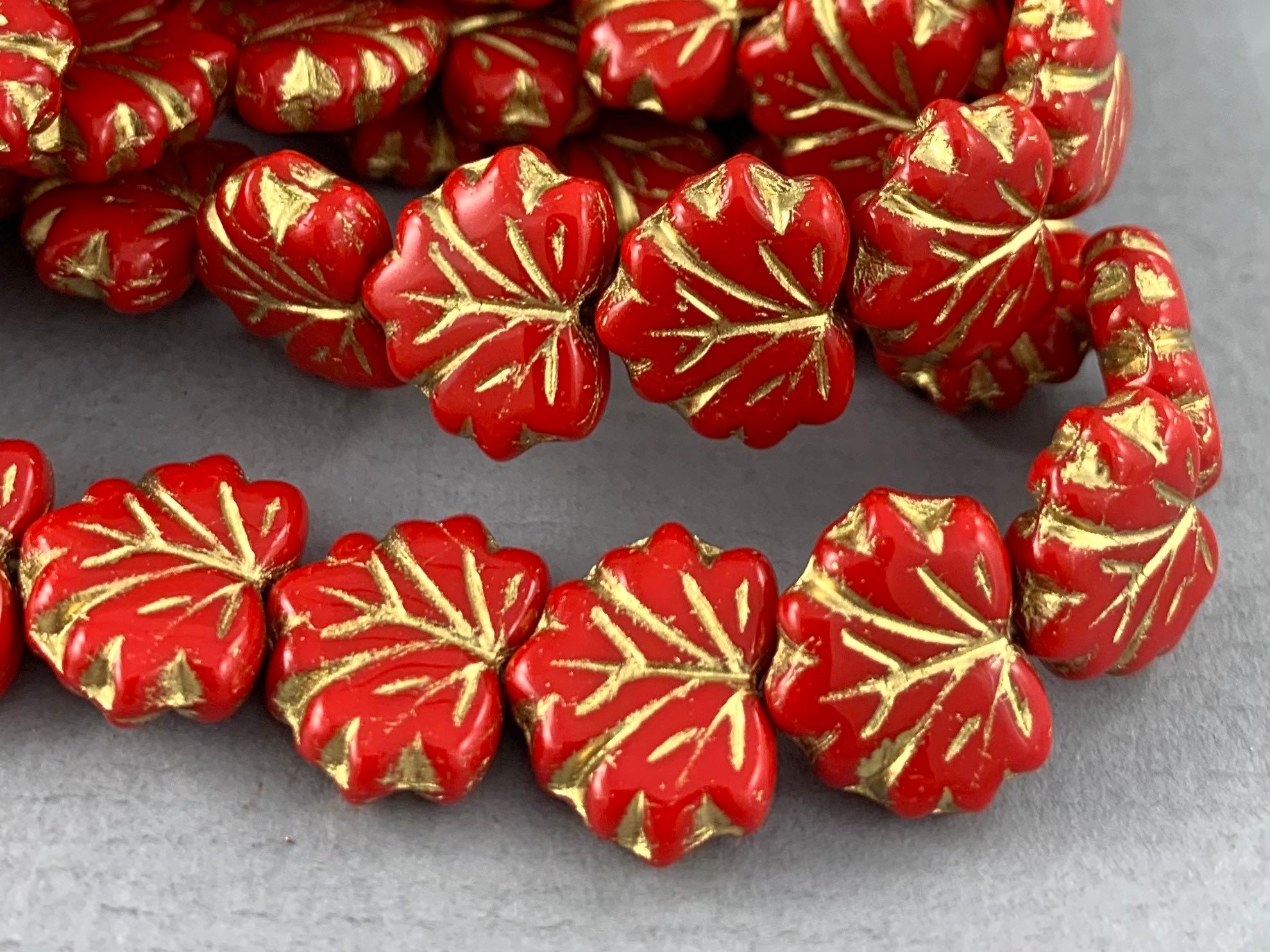 Bright Red Czech Glass Maple Leaf Beads Gold Wash Finish Etsy