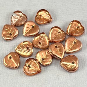 Perline a forma di cuore, foglie in vetro ceco color rame metallizzato lucido, pressate - 9 mm - 25 pezzi - LF114-b290