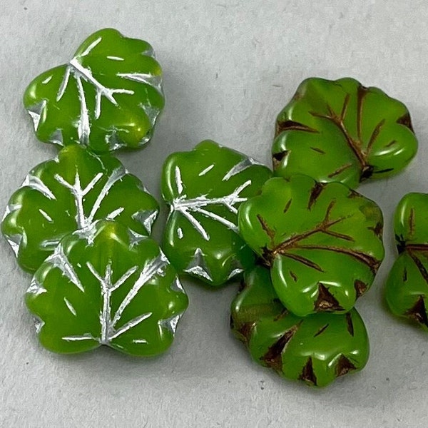 Opal Green Czech glass maple leaf beads, opaline green, pressed, milky glass, silver, bronze wash - 13mm x 11mm - 10 or 20 pcs - FB1391-b345