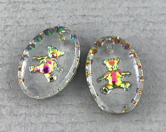 Small, crystal clear, helio red teddy bear, intaglio buff glass oval pendant pair, charms, top drilled - 14mm x 10mm - 2pcs - MG677