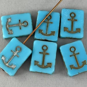 Sky Blue Czech anchor rectangle glass beads, gold wash, pressed, table cut, nautical, sailing, ship - 15mm x 12mm - 2 or 6 pcs - GEO259-b002