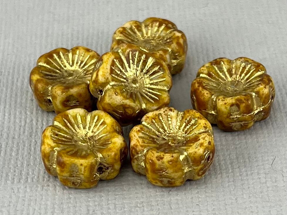 Beige Czech Hibiscus Glass Flower Beads, Caramel Brown