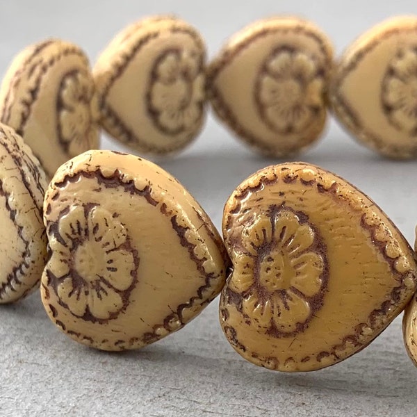 Beige pressed Czech glass heart beads , brown or black wash detail, puffy heart, flower, daisy - 18mm - 4pcs - MG071-b65