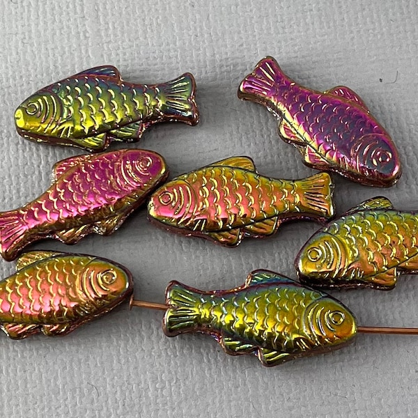 Metallic Iris Pink, Green, Peach, Yellow, Gold Czech glass fish beads, pendant, sea life, mix - 25mm x 12mm - 6 or 12pcs - AB607-b168