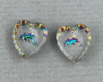 Small, crystal clear, helio blue green dolphins, intaglio buff glass heart pendant pair, charms, top drilled - 12mm x 11mm - 2pc - MG557
