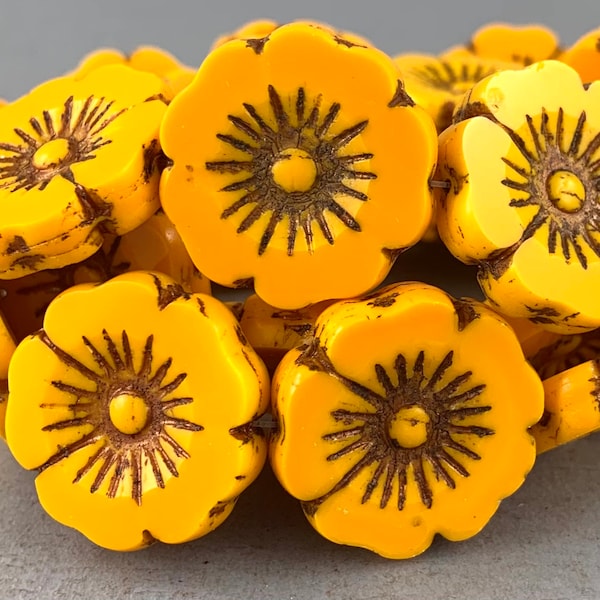 Large, Ripe Yellow Green Czech glass table cut flower beads, bronze wash starburst, pendant - 22mm - 1 pcs - FB756-b015