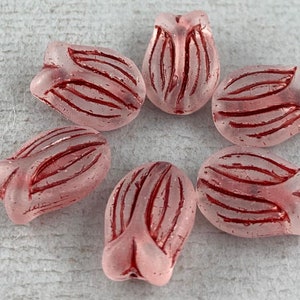 Matte, frosted Clear Czech glass tulip flower beads, burgundy red wash, vintage look - 16mm x 12mm - 6 or 12 pcs - FB831-b151