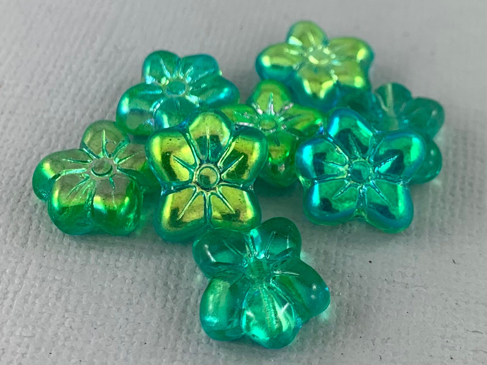 Green Czech Glass Flower Bead Mix, Puffy Flowers, 5 Petal
