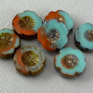 Turquoise Blue & Orange Czech hibiscus glass flower beads, picasso or purple luster wash, table cut beads - 14mm - 6 or 12 pcs - FB1371-b234