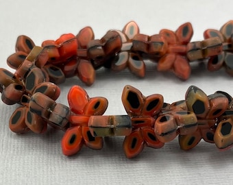 Mix, variegated, table cut Czech glass butterfly beads raspberry red, beige picasso edge - 20mm x 12mm - 4 or 8 pcs - AB632-b280