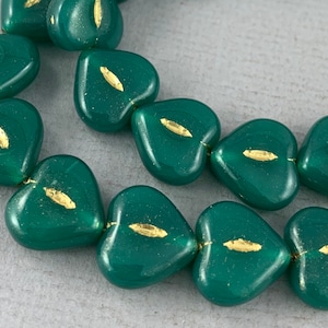 Dark Green pressed Czech glass heart beads , gold detail, puffy heart - 14mm x 13mm - 6pcs - MG840-b014