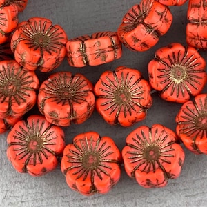 Matte Red Czech hibiscus glass flower beads, bronze detail, pressed beads - 14mm - 12 pcs - FB786-b172