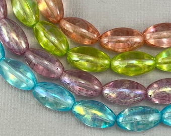 Perles en forme d'olive, ovale en verre tchèque, bleu aqua transparent, pêche, lilas, vert printemps, aurore boréale - 14 mm x 8 mm - 10 pièces - GEO298-b381