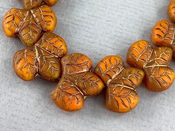 Czech Glass Leaf Beads 16mm Green Grey Leaves with Orange and
