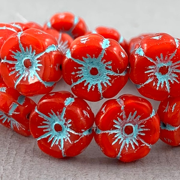 Orange Red Czech hibiscus glass flower beads, pale blue finish, aqua blue, table cut - 12mm - 6 or 12 pcs - FB341-b338