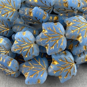 Matte Periwinkle Blue Czech glass maple leaf beads, gold wash, pressed beads - 13mm x 12mm - 12 pcs - FB629-b142