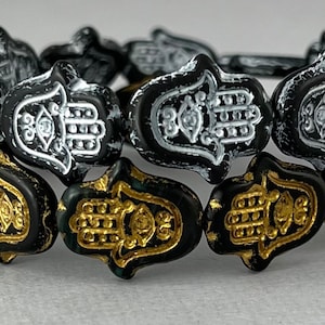 Black Czech glass hamsa beads, Hand of Fatima, Healing Hand, gold, white wash - 15mm x 14mm - 4 pcs - MG182-b215