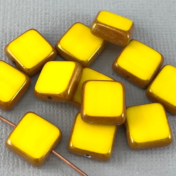 Sunny Yellow Czech glass table cut square shaped beads, caramel brown luster edge - 12 pcs - 11mm - GEO356-b150