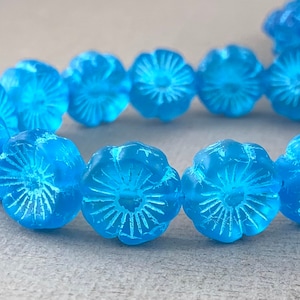 Matte Transparent Aqua Blue Czech hibiscus glass flower beads, aqua blue wash, pressed beads - 14mm - 6 or 12 pcs - FB824-b214
