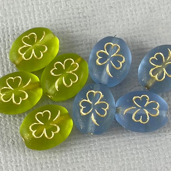 Matte Peridot Green or Blue Czech glass clover oval beads, gold metallic wash, shamrock, good luck beads - 10mm x 8mm - 15 pcs - FB1318-b187