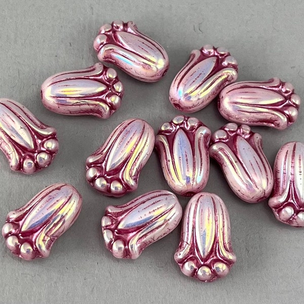 Pink Aurora Borealis flower tulip beads, Czech glass, puffy flowers, dark pink wash, lily beads - 12mm x 8mm - 12 or 24pcs - FB13592-b030